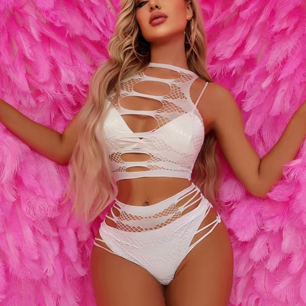 Sultry fishnet hollow out sleeveless crop top & high waist lingerie set